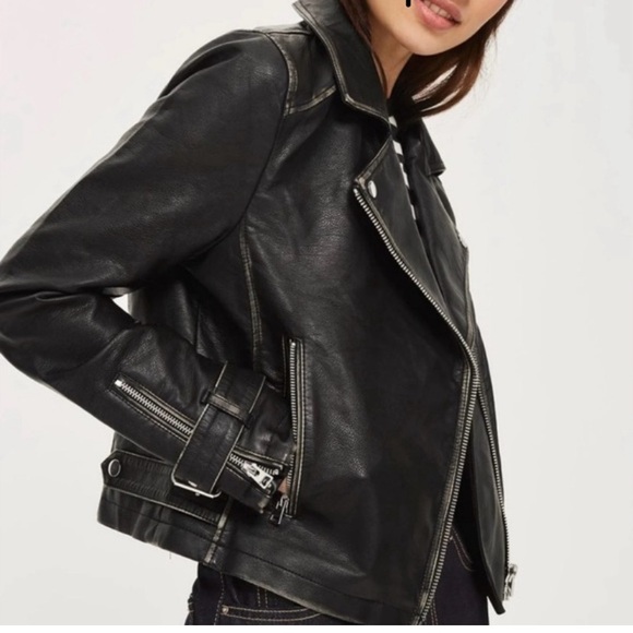 Topshop Black Leather Moto Jacket Size 4 - Picture 1 of 15